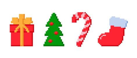 Pixel objects set. Christmas tree, socks, candy cane, gift pixelated elements collection. 8 bit game xmas pack. Christmas or new year decoration bundle. vector