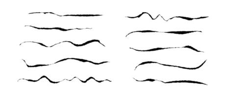 Rough ink lines set. Grunge wavy brush strokes collection. Black uneven underline curved waves. Hand drawn imitation elements for banner, banner, decoration. Doodle textured jagged wiggles vector