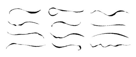 Rough ink lines set. Grunge wavy brush strokes collection. Black paint underline textured curved waves. Handdrawn imitation elements for banner, banner, decoration. Doodle uneven jagged wiggles vector