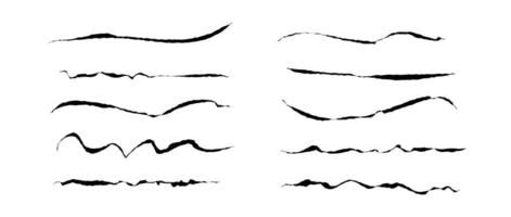 Rough ink lines set. Grunge wavy brush strokes collection. Black uneven underline textured curved waves. Hand drawn imitation elements for banner, banner, decoration. Doodle jagged wiggles vector