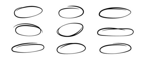 Smooth highlight circles set. Doodle and scribble ellipses collection. Black hand drawn ovals or bubbles for emphasis. Sketchy round elements for collage, poster, banner, cover. vector