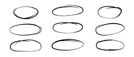 Rough highlight circles set. Doodle and scribble ellipses collection. Grunge hand drawn ovals or bubbles for emphasis. Sketchy marker round elements for collage, poster, banner, cover. vector