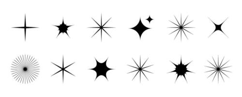 Black stars and twinkles set. Retro bling collection. Abstract simple starburst shine effect pack. Design elements for template, poster, banner, logo, card, icon, label. Illustration bundle vector