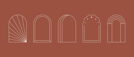 Boho style linear arc frame collection. Bohemian decorative ornamental border set for badge, logo, card, poster, banner, template. Terracotta arch design elements with stars, column, sunbeams. vector