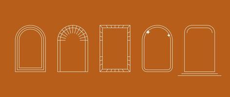 Boho style linear arch frame collection. Bohemian decorative ornamental border set for badge, logo, card, poster, banner, post. Terracotta arc elements with stars for design template. vector