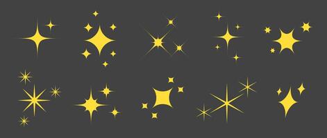 Gold sparkles and stars collection. Yellow twinkles and sparks collection. Christmas and New Year decoration elements. vector