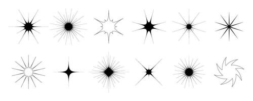 Black stars and twinkles set. Retro blink collection. Abstract simple starburst shine effect pack. Design element template for poster, banner, logo, card, icon, label, collage. vector