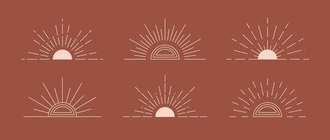 Boho style linear sunrise and sunset collection. Terracotta starbursts design elements. Bohemian decorative ornamental shapes set for badge, icon, card, poster, banner, emblem, label. vector