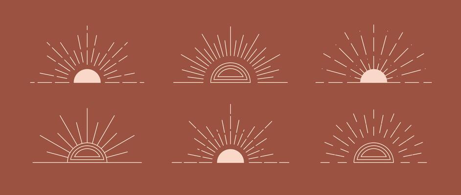 Boho style linear sunrise and sunset collection. Terracotta starbursts design elements. Bohemian decorative ornamental shapes set for badge, icon, card, poster, banner, emblem, label.