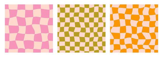 Groovy seamless checkerboard background set. Repeating retro wavy checkered pattern collection. Vintage psychedelic distorted gingham wallpapers. Twisted cage backdrop in 60s, 70s style. vector