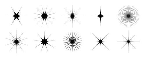 Black star and twinkle shapes set. Retro bling collection. Abstract y2k starburst shine effect pack. Design elements for template, poster, banner, logo, card, icon. Illustration bundle vector
