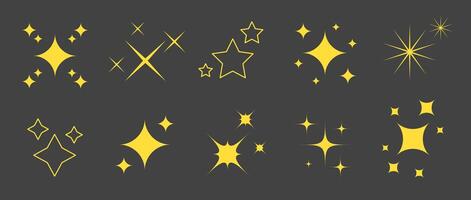 Gold sparkles and stars set. Yellow twinkles and sparks collection. Christmas and New Year decoration elements pack. Illustration bundle vector