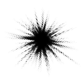 Halftone burst element. Pop art style dotted explosion. Black light star burst with grunge textured effect. Abstract retro noise grain shine star flare. Pixelated splash and blast illustration vector