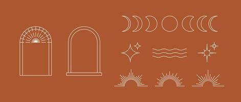 Boho style linear element collection. Bohemian decorative ornamental shape set for badge, logo, card, poster, banner, template. Terracotta design objects with stars, sunburst, arcs, waves. vector