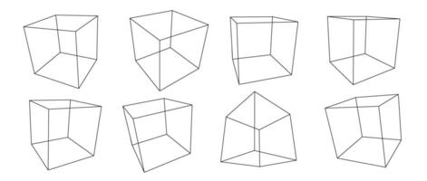 Black wireframe cube collection. Outline cubic shapes in different angles, perspective and positions. Geometric square elements for design template, icon, logo. Abstract boxes illustration vector