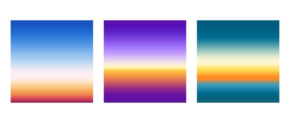 Early sunrise or late sunset colorful gradients background set. Smooth blurred wallpaper set in yellow, blue, green, purple colors. Abstract night or evening sky horizon backdrop.