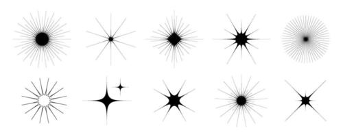 Black stars and twinkles set. Retro blink collection. Abstract simple starburst shine effect pack. Design element template for poster, banner, logo, card, icon, label, collage, tag. vector