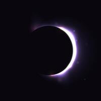 Sun eclipse concept. Light purple moon glow background. Solar or planet eclipse in dark space. Hot star surface flare with rays and beams effects. Crescent illustration vector