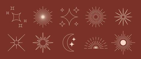 Boho style linear stars and starbursts collection. Terracotta twinkles design elements. Bohemian decorative ornamental shapes set for badge, icon, card, poster, banner, emblem, label. vector