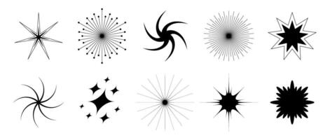 Different blinks and twinkles collection. Black retro bling stars set. Abstract starburst shine effect pack. Design elements for poster, banner, tag, card, icon, label, collage, sticker. vector
