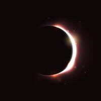 Sun eclipse concept. Light golden moon glow background. Solar or planet eclipse in dark space. Hot yellow orange star surface flare with rays and beams effects. Crescent illustration vector