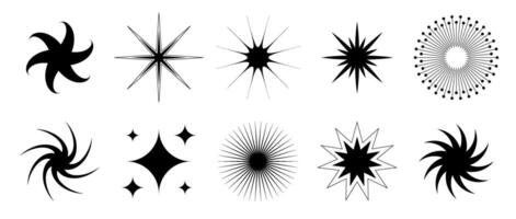 Black blinks and twinkles collection. Different retro bling stars set. Abstract starburst shine effect pack. Design elements for poster, banner, tag, card, icon, label, collage, sticker. vector