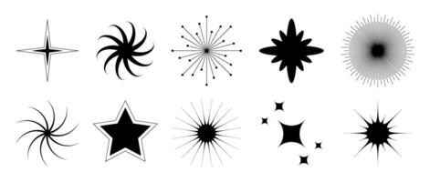 Various blinks and twinkles set. Retro bling stars collection. Abstract black starburst shine effect pack. Design elements for poster, banner, logo, card, icon, label, collage. vector