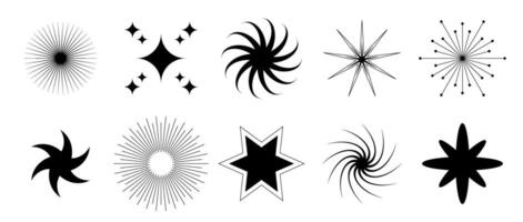 Black blinks and twinkles collection. Different retro bling stars set. Abstract starburst shine shape pack. Design elements for poster, banner, tag, card, icon, label, collage, sticker. vector