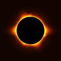 Sun full eclipse concept. Red yellow solar glow background. Moon or planet total eclipse in dark space. Hot star surface flare with rays and beams effects. vector