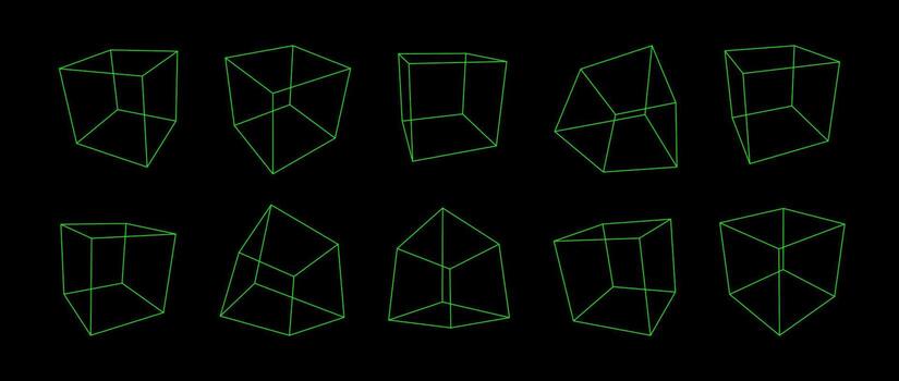 neón verde estructura metálica cubo recopilación. contorno cúbico formas en diferente ángulo, perspectiva y posición. geométrico cuadrado elementos para diseño plantilla, icono, logo. resumen cajas ilustración vector