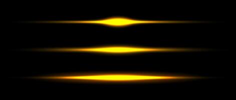 Gold neon divider lines set. Yellow glowing horizontal stripes collection. Fluorescent golden light sticks pack. Shining laser beams bundle. Elements for poster, banner, cover, separation vector