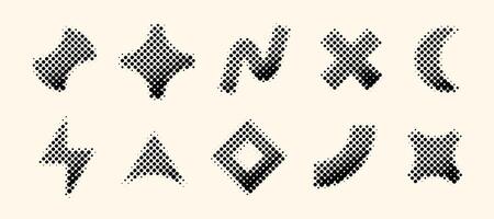 Halftone geometric shapes set. Dotted cross, wave, arc, crescent, bolt elements with gradient. Black textured objects for banner, poster, collage, flyer, booklet, brochure, cover. vector