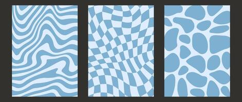 Retro distorted checkered, blob and wave background set. Blue trippy psychedelic pool wallpaper pack. Wavy groovy checkerboard water surface. Abstract twisted pattern collection. Backdrop bundle vector