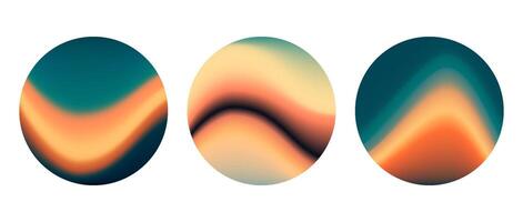 Iridescent round wavy gradient background set. Blurred liquid waves wallpaper collection. Colorful green orange abstract backdrops in circles. Sphere templates for banner, flyer, cover, poster vector