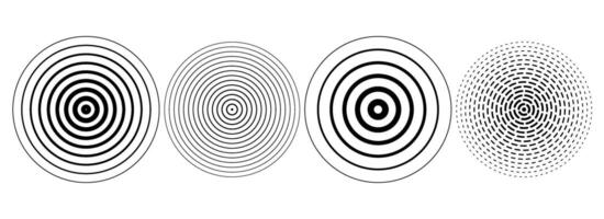 Black concentric ripple circles set. Dotted sonar or sound wave rings collection. Epicentre, target, radar icon concept. Radial signal or vibration elements. Halftone vector