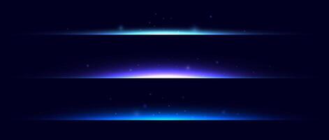 Neon divider lines set. Glowing horizontal stripes collection. Fluorescent electric light sticks pack. Shining beams LED effect bundle. Blue, purple, green elements for poster banner cover vector