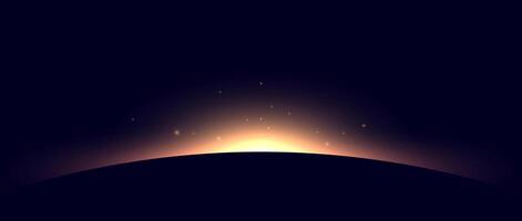 Planet eclipse concept. Bright yellow solar light glare effect. Abstract glowing sunrise on dark background. Earth horizon halo illustration. Design for poster, banner, cover, brochure, booklet vector