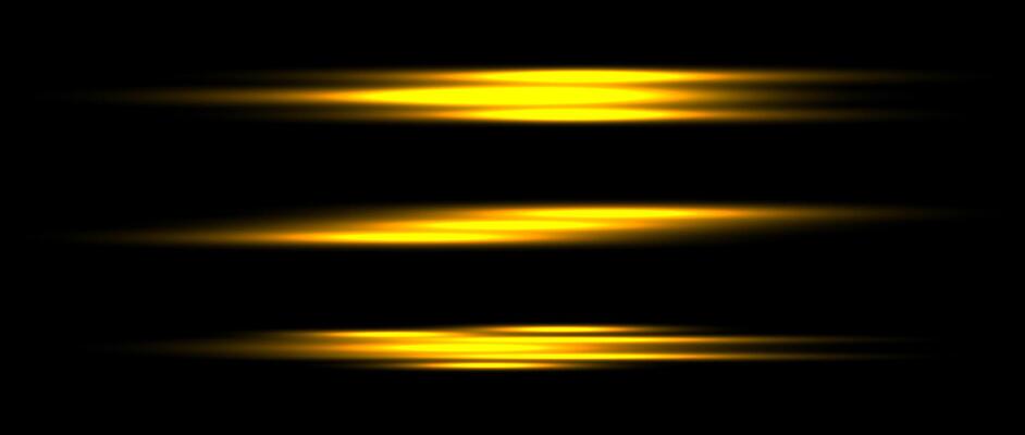 Gold neon divider lines set. Yellow glowing horizontal stripes collection. Fluorescent golden light sticks pack. Shining laser beams bundle. Elements for poster, banner, cover, decoration