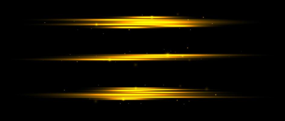 Gold neon divider lines set. Yellow glowing horizontal stripes collection. Fluorescent golden light streak with sparks and sparkles pack. Shining laser beams. Elements for poster, banner, decor