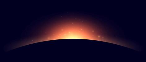 Planet eclipse concept. Red yellow solar light glare effect. Abstract glowing sunrise in dark space. Earth horizon halo illustration. Design for poster, banner, cover, brochure, booklet. vector