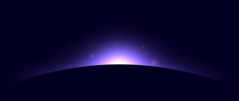 Planet eclipse concept. Purple solar light glare effect. Abstract glowing sunrise in dark space. Earth horizon halo illustration. Design for poster, banner, cover, brochure, booklet. vector