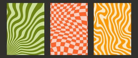 Groovy wave lines, checkerboard and sunburst background set. Colorful retro waves and checkered pattern collection. Vintage psychedelic distorted wallpapers. Funky twisted backdrop. vector