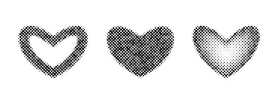 Halftone hearts set. Dotted grunge heart shapes collection for template, icon, banner, poster, collage. Black love signs and frames with gradient and grain. vector