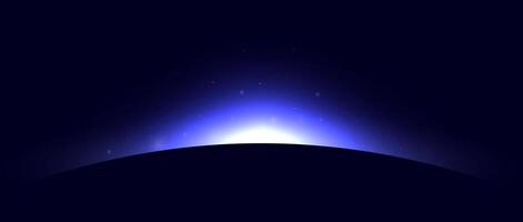 Planet eclipse concept. Purple blue solar light glare effect. Abstract glowing sunrise on dark background. Earth horizon halo illustration. Design for poster, banner, cover, brochure, booklet vector