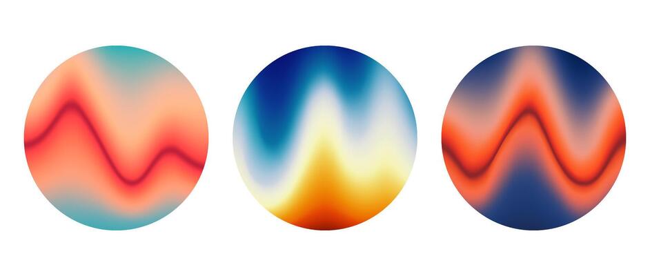 Iridescent round wavy gradient background set. Blurred liquid waves wallpaper collection. Yellow blue red green abstract backdrops in circles. Sphere templates for banner, flyer, cover, poster