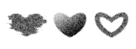 Halftone hearts set. Dotted grunge heart shapes collection for template, icon, banner, poster, collage. Black love signs and frame with gradient and glitch effect. vector