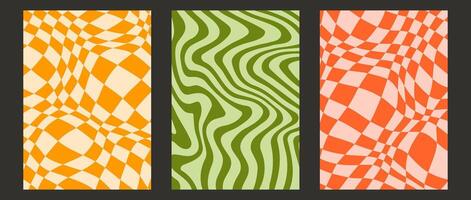Groovy checkerboard and wave lines background set. Colorful retro waves and checkered pattern collection. Vintage psychedelic distorted wallpapers. Yellow red green funky twisted backdrop. vector