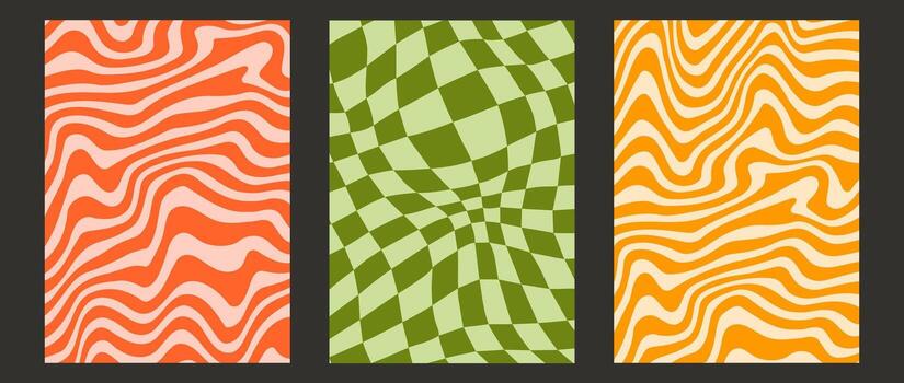 Groovy wave lines and checkerboard background set. Colorful retro waves and checkered pattern collection. Vintage psychedelic distorted wallpapers. Yellow red green funky twisted backdrop. vector