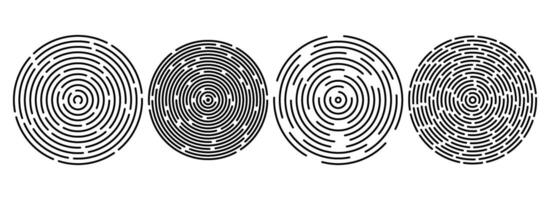 Black concentric ripple circles set. Linear sound wave rings collection. Epicenter, target, radar, sonar icon concept. Radial signal or vibration elements. Line illustration vector