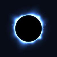 Sun full eclipse concept. Light blue moon glow background. Solar or planet total eclipse in dark space. Hot star surface flare with rays and beams effects. vector